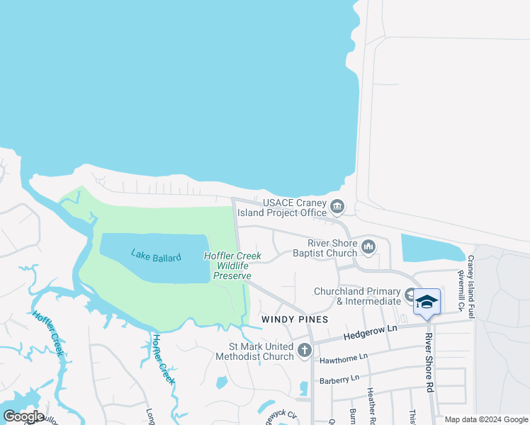 map of restaurants, bars, coffee shops, grocery stores, and more near 4634 River Shore Road in Portsmouth