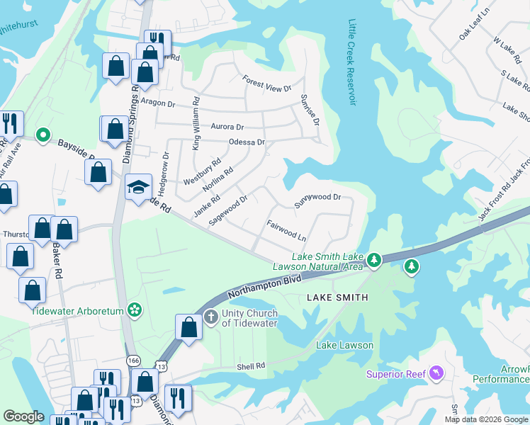 map of restaurants, bars, coffee shops, grocery stores, and more near 5501 Sunnywood Drive in Virginia Beach