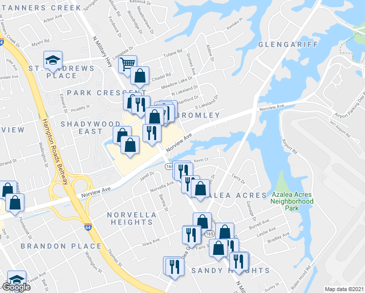 map of restaurants, bars, coffee shops, grocery stores, and more near 1801 Norview Avenue in Norfolk