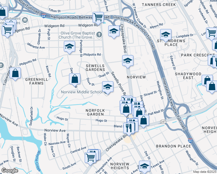 map of restaurants, bars, coffee shops, grocery stores, and more near 6359 Dove Street in Norfolk
