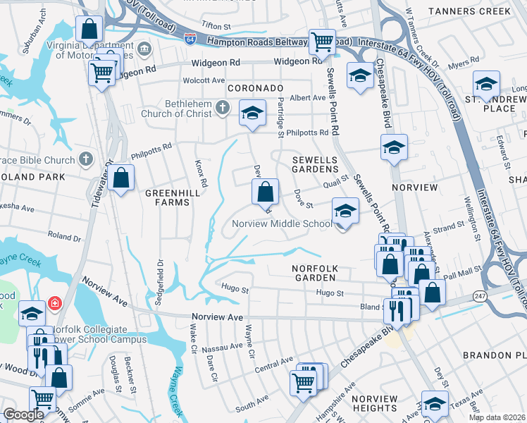 map of restaurants, bars, coffee shops, grocery stores, and more near 6372 Devonshire Road in Norfolk