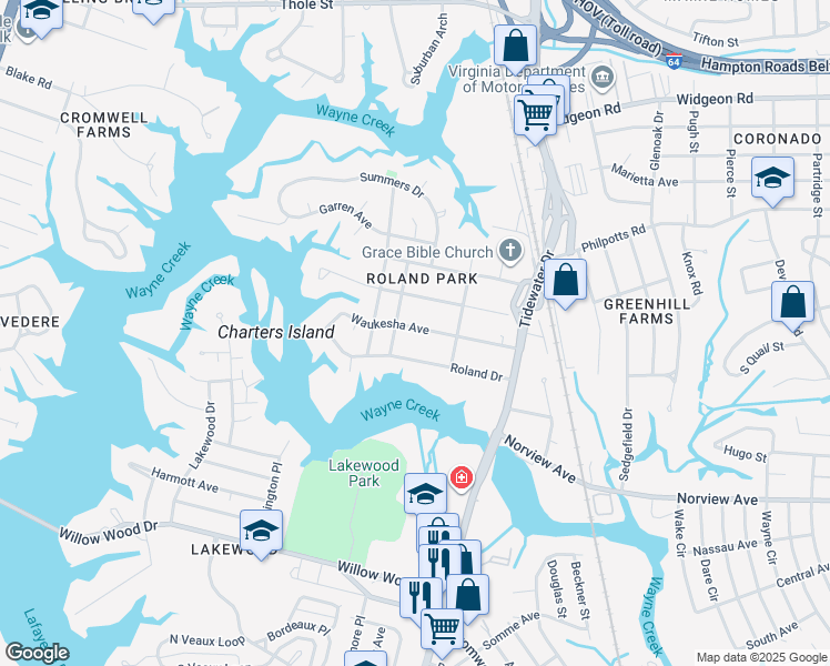 map of restaurants, bars, coffee shops, grocery stores, and more near 610 Waukesha Avenue in Norfolk