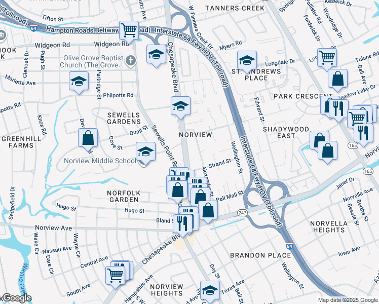 map of restaurants, bars, coffee shops, grocery stores, and more near 6332 Chesapeake Boulevard in Norfolk