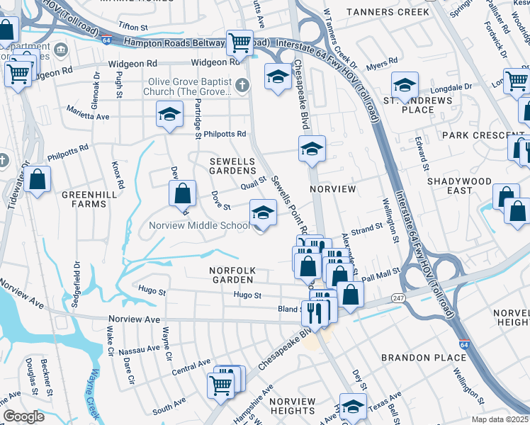map of restaurants, bars, coffee shops, grocery stores, and more near 6359 Dove Street in Norfolk