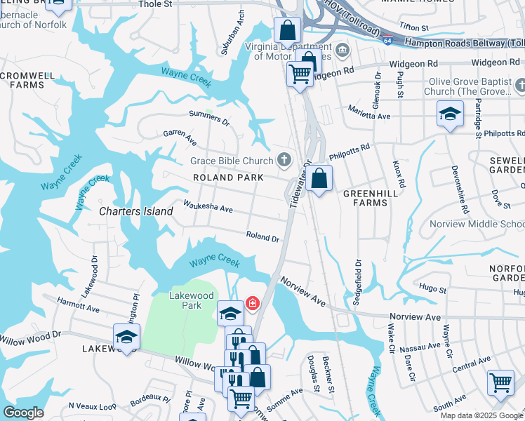 map of restaurants, bars, coffee shops, grocery stores, and more near 714 Waukesha Avenue in Norfolk