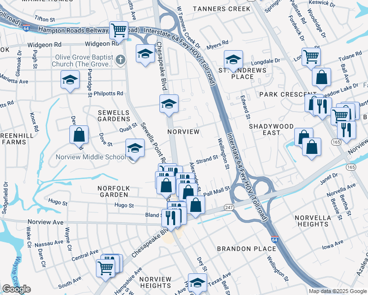 map of restaurants, bars, coffee shops, grocery stores, and more near 6333 Alexander Street in Norfolk