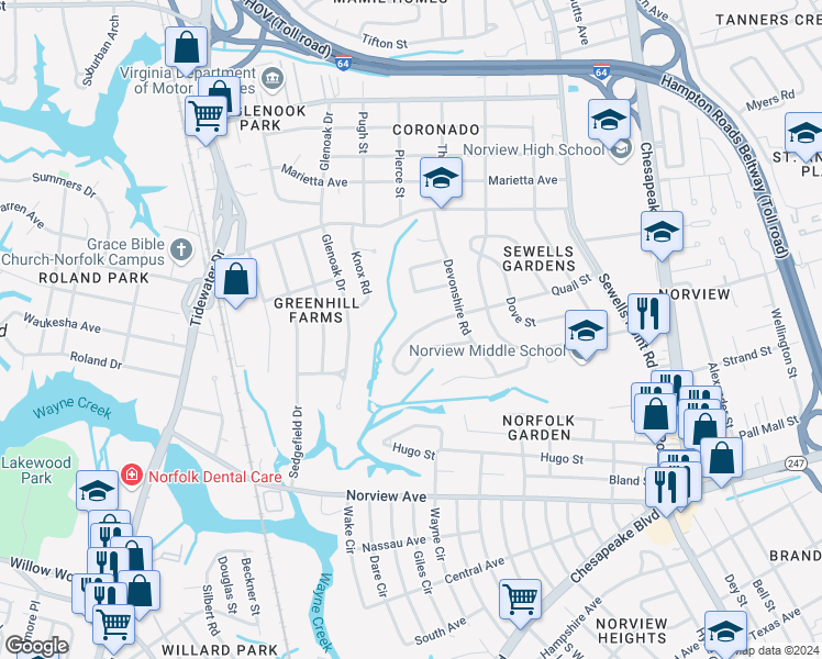map of restaurants, bars, coffee shops, grocery stores, and more near 944 Quail Street in Norfolk