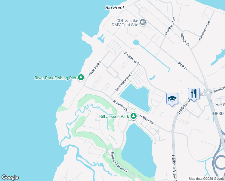 map of restaurants, bars, coffee shops, grocery stores, and more near 3107 Summerhouse Drive in Suffolk