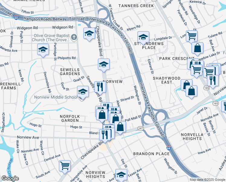 map of restaurants, bars, coffee shops, grocery stores, and more near 6333 Alexander Street in Norfolk