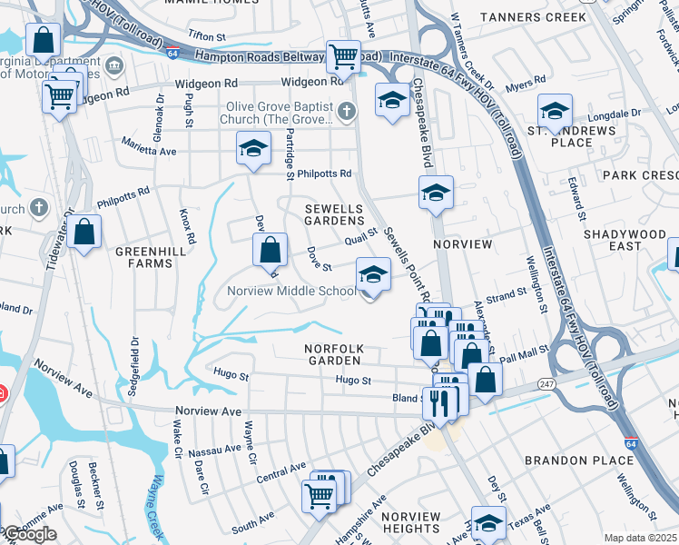map of restaurants, bars, coffee shops, grocery stores, and more near 6380 Dove Street in Norfolk