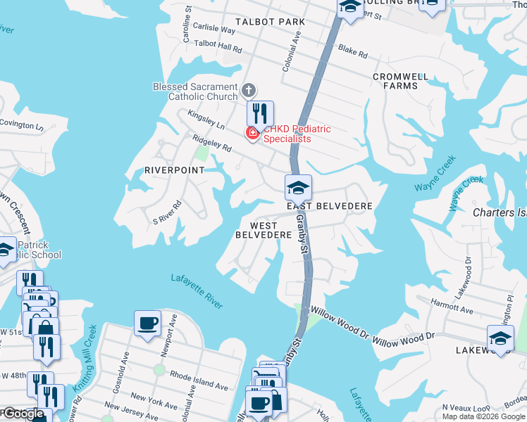 map of restaurants, bars, coffee shops, grocery stores, and more near 114 West Belvedere Road in Norfolk