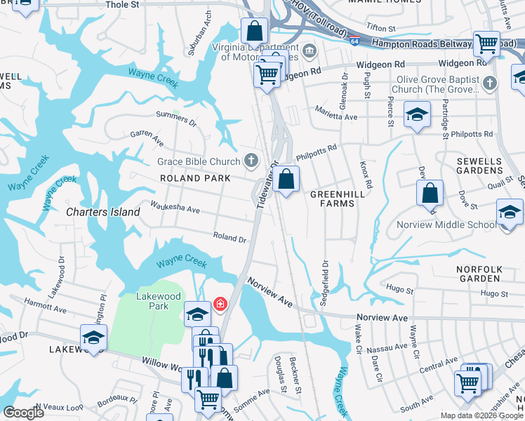 map of restaurants, bars, coffee shops, grocery stores, and more near 6300 Tidewater Drive in Norfolk