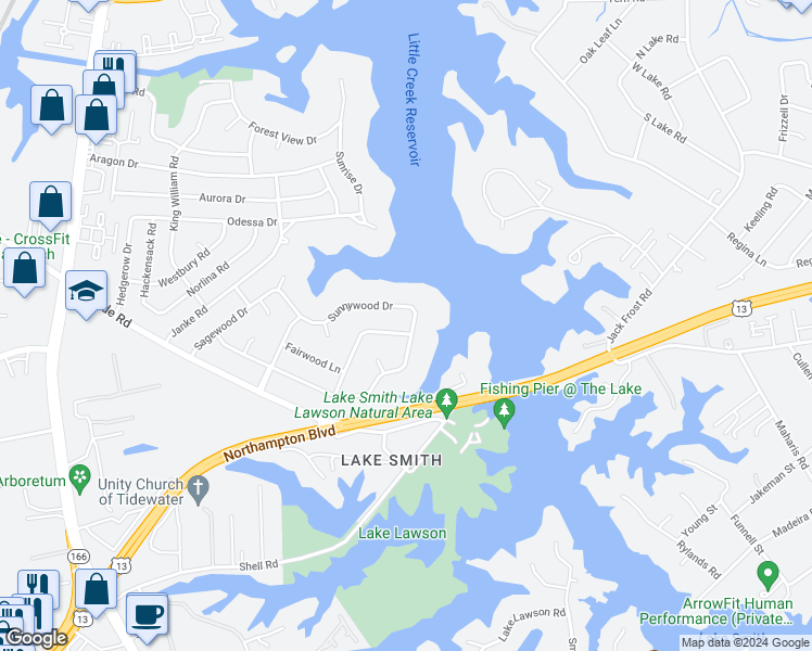 map of restaurants, bars, coffee shops, grocery stores, and more near 1565 Fawnwood Road in Virginia Beach