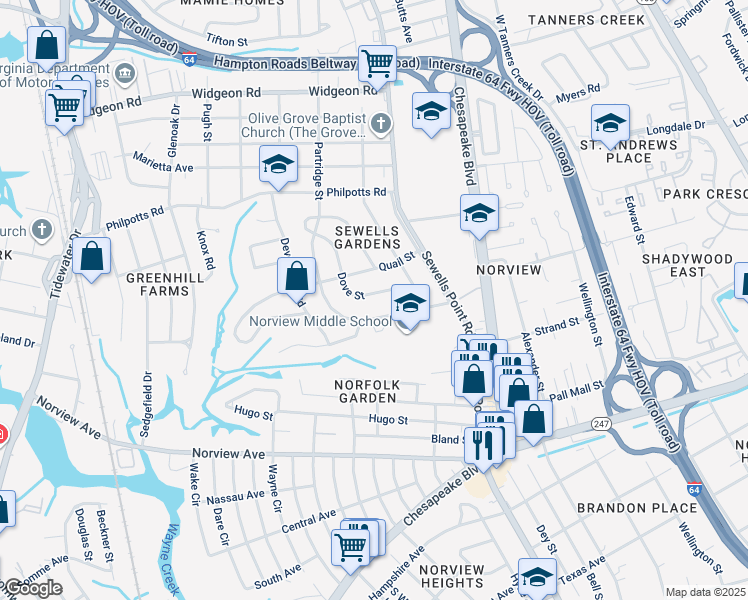 map of restaurants, bars, coffee shops, grocery stores, and more near 6380 Dove Street in Norfolk