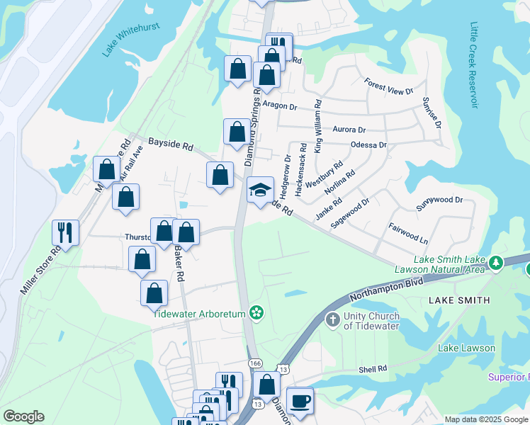 map of restaurants, bars, coffee shops, grocery stores, and more near 5649 Bayside Road in Virginia Beach