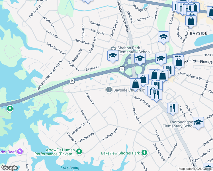 map of restaurants, bars, coffee shops, grocery stores, and more near 5332 Bardith Circle in Virginia Beach