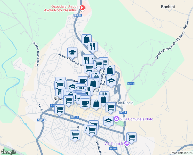 map of restaurants, bars, coffee shops, grocery stores, and more near Vico Milazzo in Noto