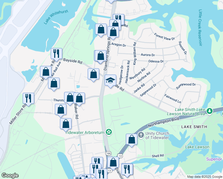 map of restaurants, bars, coffee shops, grocery stores, and more near 5649 Bayside Road in Virginia Beach