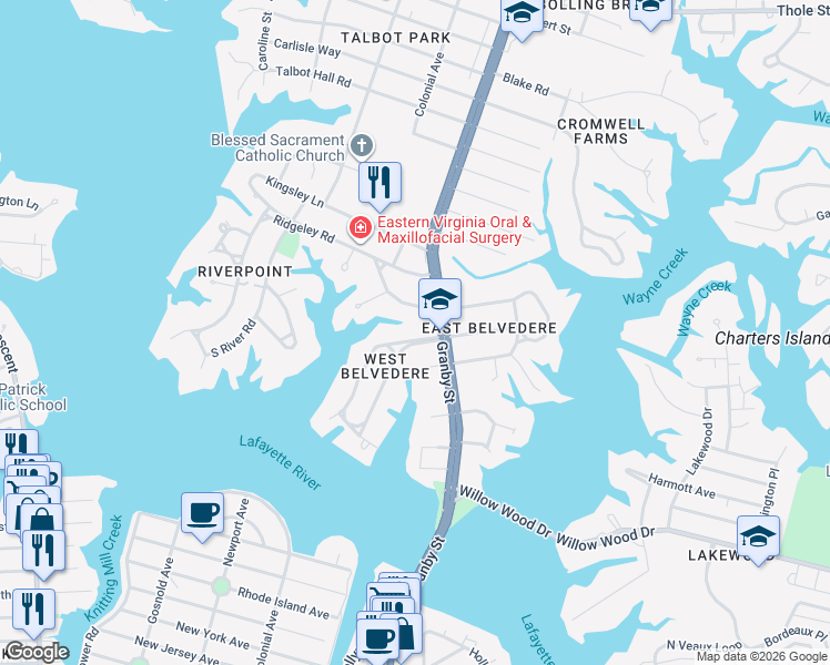 map of restaurants, bars, coffee shops, grocery stores, and more near 106 West Belvedere Road in Norfolk