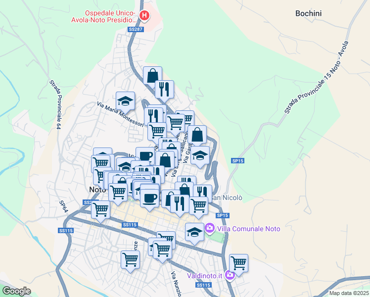 map of restaurants, bars, coffee shops, grocery stores, and more near Vico Urbino in Noto