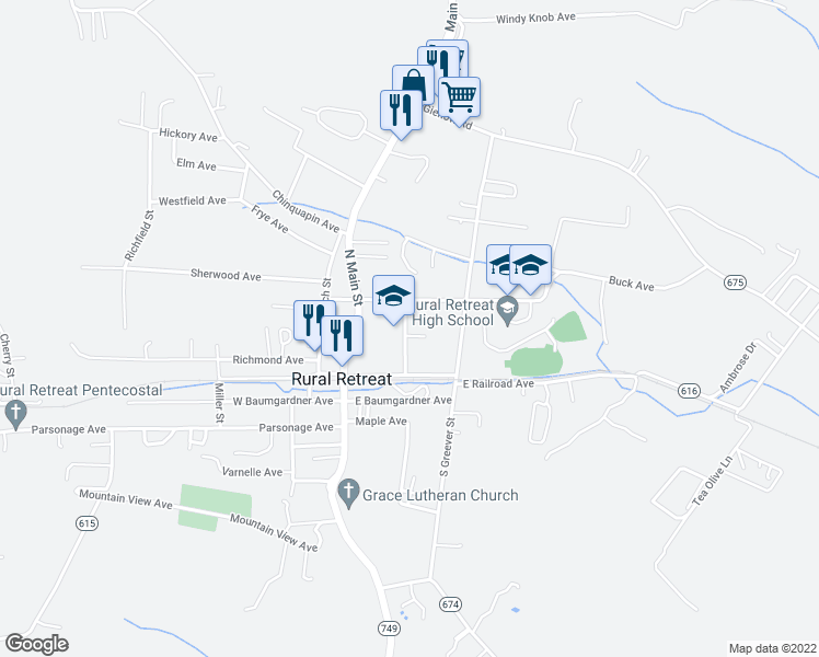 map of restaurants, bars, coffee shops, grocery stores, and more near 200 Catron Street in Rural Retreat