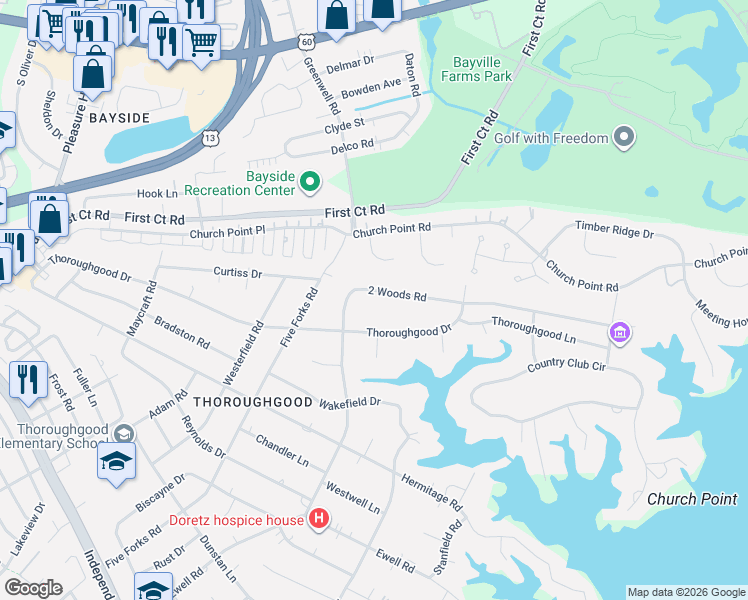 map of restaurants, bars, coffee shops, grocery stores, and more near 4337 2 Woods Road in Virginia Beach
