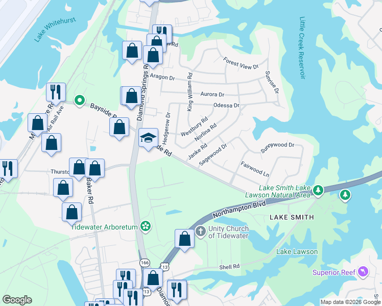 map of restaurants, bars, coffee shops, grocery stores, and more near 1517 Janke Road in Virginia Beach