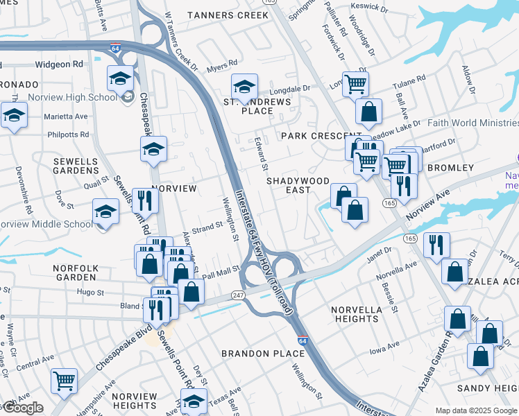 map of restaurants, bars, coffee shops, grocery stores, and more near 1360 Strand Street in Norfolk