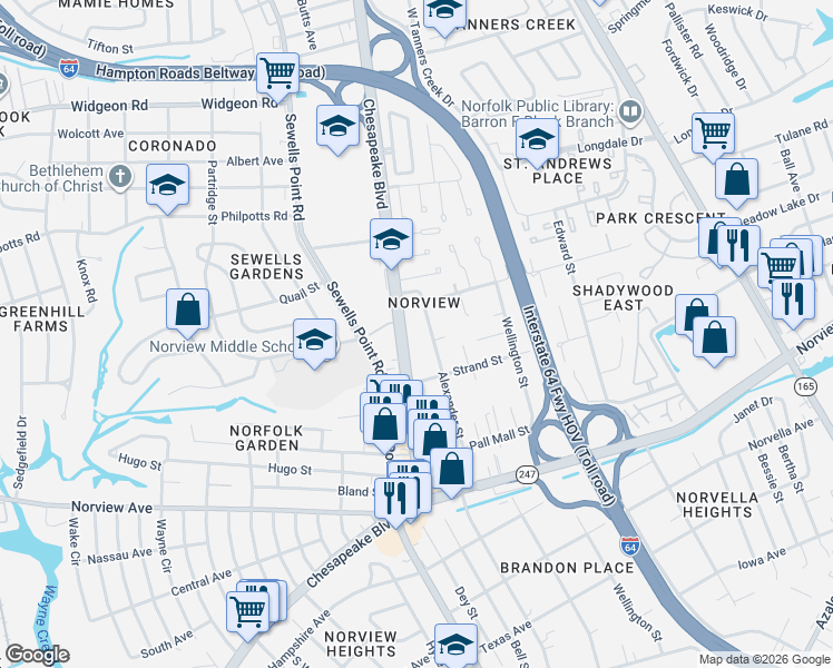 map of restaurants, bars, coffee shops, grocery stores, and more near 6339 Alexander Street in Norfolk