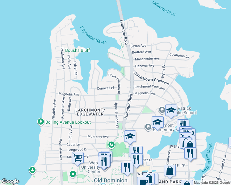 map of restaurants, bars, coffee shops, grocery stores, and more near 1306 Magnolia Avenue in Norfolk