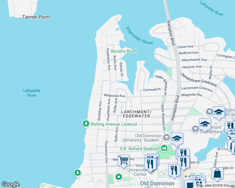 map of restaurants, bars, coffee shops, grocery stores, and more near 1520 Magnolia Avenue in Norfolk