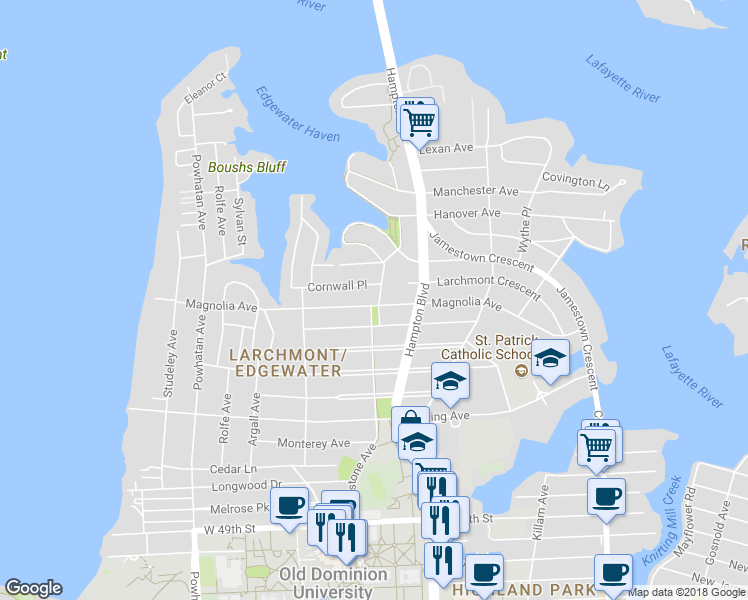 map of restaurants, bars, coffee shops, grocery stores, and more near 1306 Magnolia Avenue in Norfolk