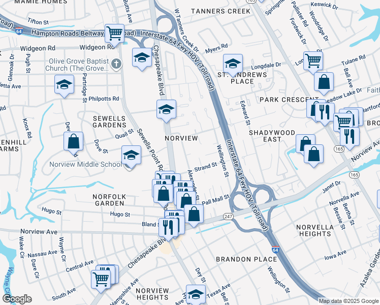 map of restaurants, bars, coffee shops, grocery stores, and more near 6332 Alexander Street in Norfolk