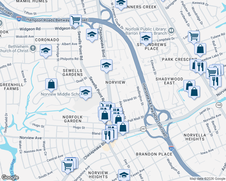 map of restaurants, bars, coffee shops, grocery stores, and more near 6339 Alexander Street in Norfolk