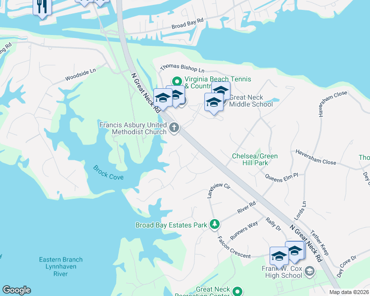 map of restaurants, bars, coffee shops, grocery stores, and more near 2508 Shepherds Lane in Virginia Beach