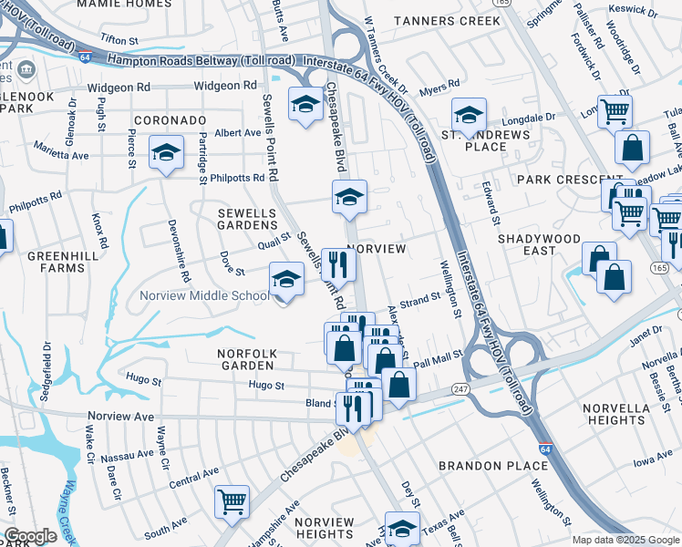 map of restaurants, bars, coffee shops, grocery stores, and more near 6347 Chesapeake Boulevard in Norfolk