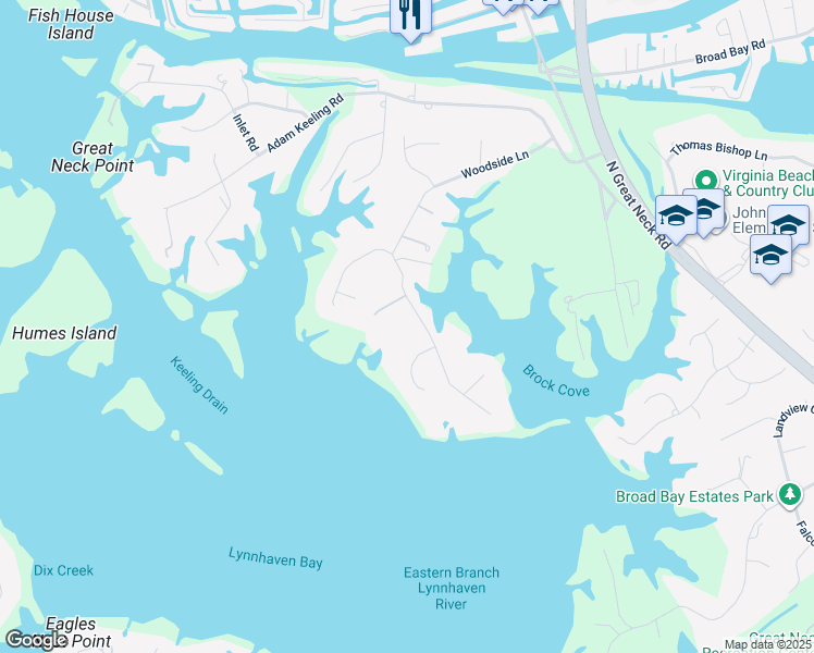 map of restaurants, bars, coffee shops, grocery stores, and more near 1845 S Woodside Ln in Virginia Beach
