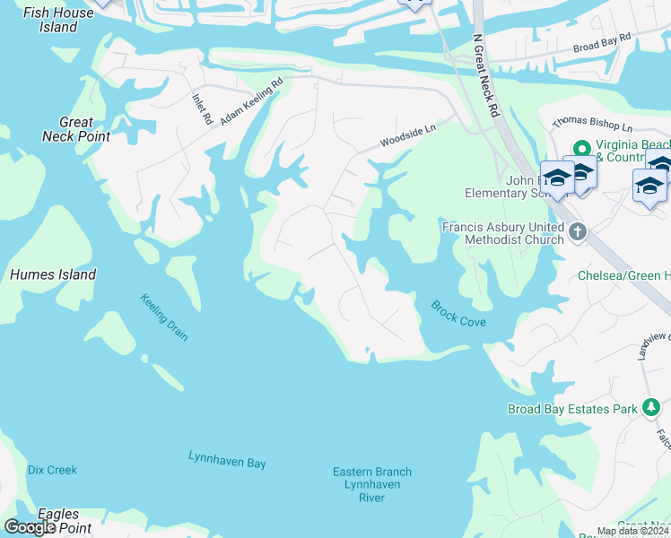 map of restaurants, bars, coffee shops, grocery stores, and more near 1845 S Woodside Ln in Virginia Beach