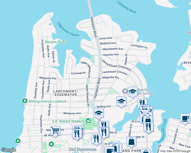 map of restaurants, bars, coffee shops, grocery stores, and more near 1210 Magnolia Avenue in Norfolk