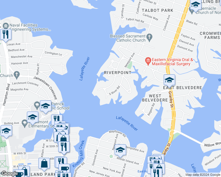 map of restaurants, bars, coffee shops, grocery stores, and more near 6024 River Road in Norfolk