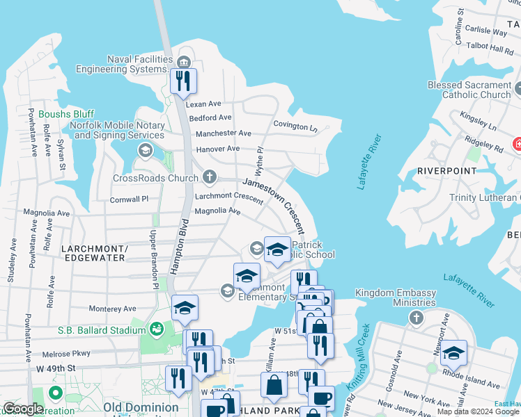 map of restaurants, bars, coffee shops, grocery stores, and more near 1001 Larchmont Crescent in Norfolk