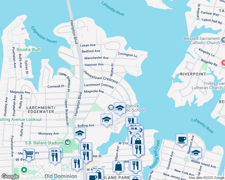 map of restaurants, bars, coffee shops, grocery stores, and more near 1001 Larchmont Crescent in Norfolk
