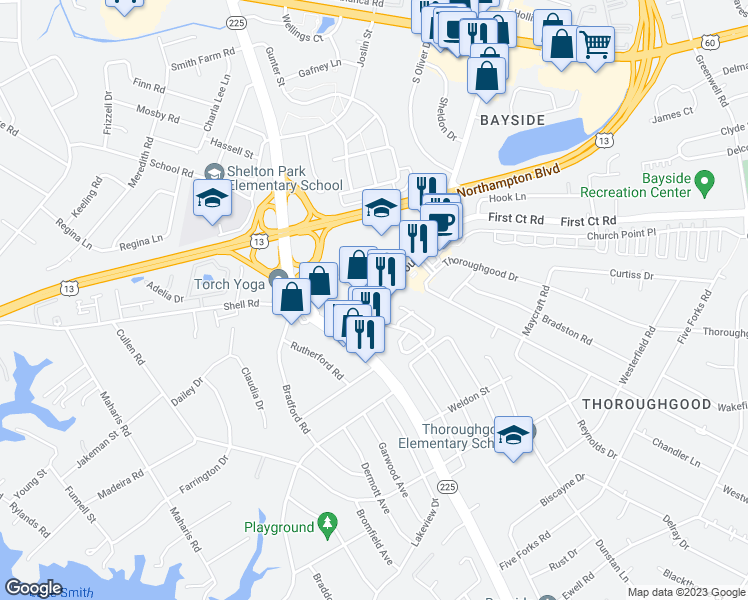 map of restaurants, bars, coffee shops, grocery stores, and more near Pleasure House Rd & Thoroughgood Rd in Virginia Beach