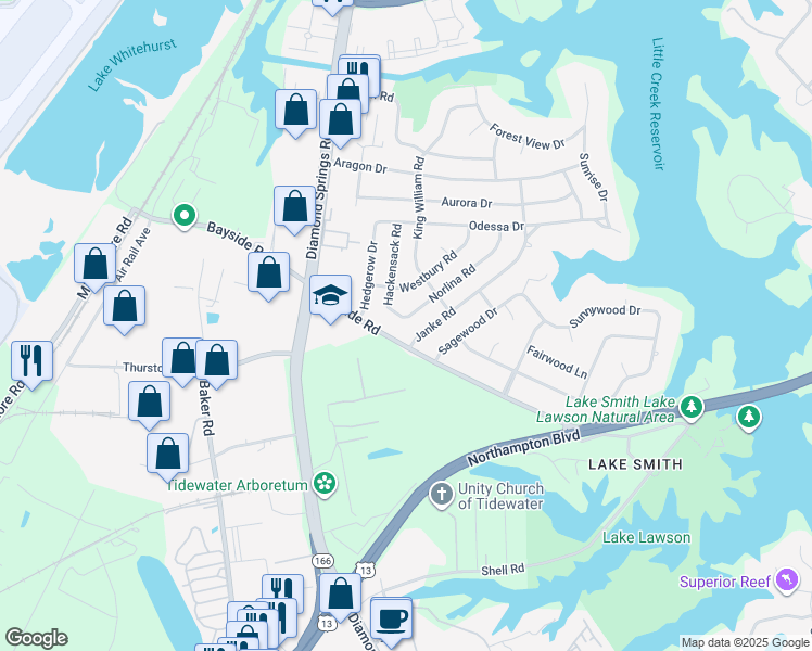 map of restaurants, bars, coffee shops, grocery stores, and more near 5636 Norlina Road in Virginia Beach
