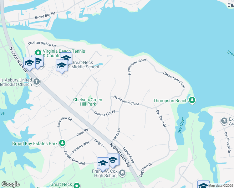 map of restaurants, bars, coffee shops, grocery stores, and more near 2492 Haversham Close in Virginia Beach