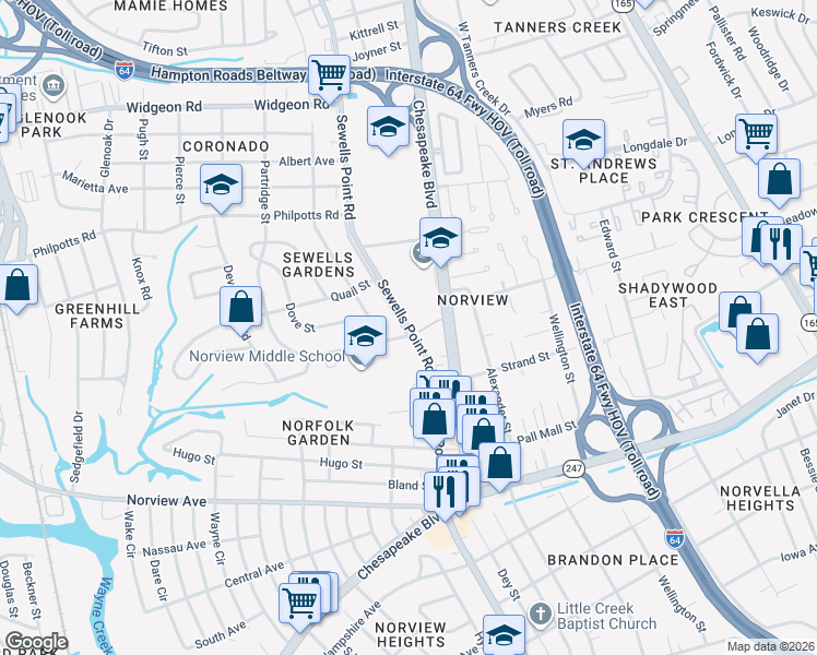 map of restaurants, bars, coffee shops, grocery stores, and more near 6349 Sewells Point Road in Norfolk