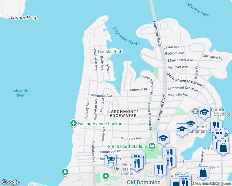 map of restaurants, bars, coffee shops, grocery stores, and more near 5912 Glenhaven Crescent in Norfolk