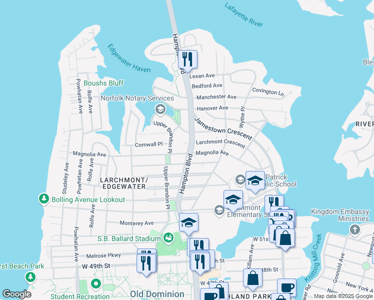 map of restaurants, bars, coffee shops, grocery stores, and more near 5905 Hampton Boulevard in Norfolk
