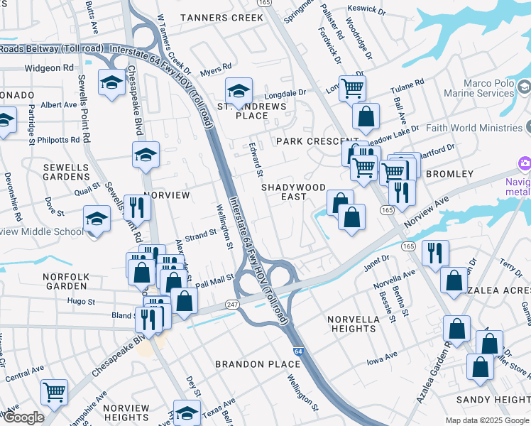 map of restaurants, bars, coffee shops, grocery stores, and more near 1360 Strand Street in Norfolk