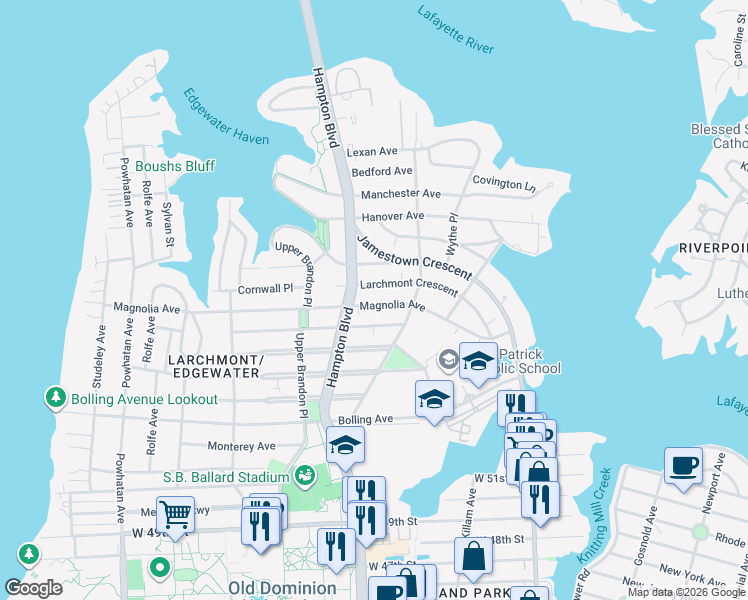 map of restaurants, bars, coffee shops, grocery stores, and more near 1138 Magnolia Avenue in Norfolk